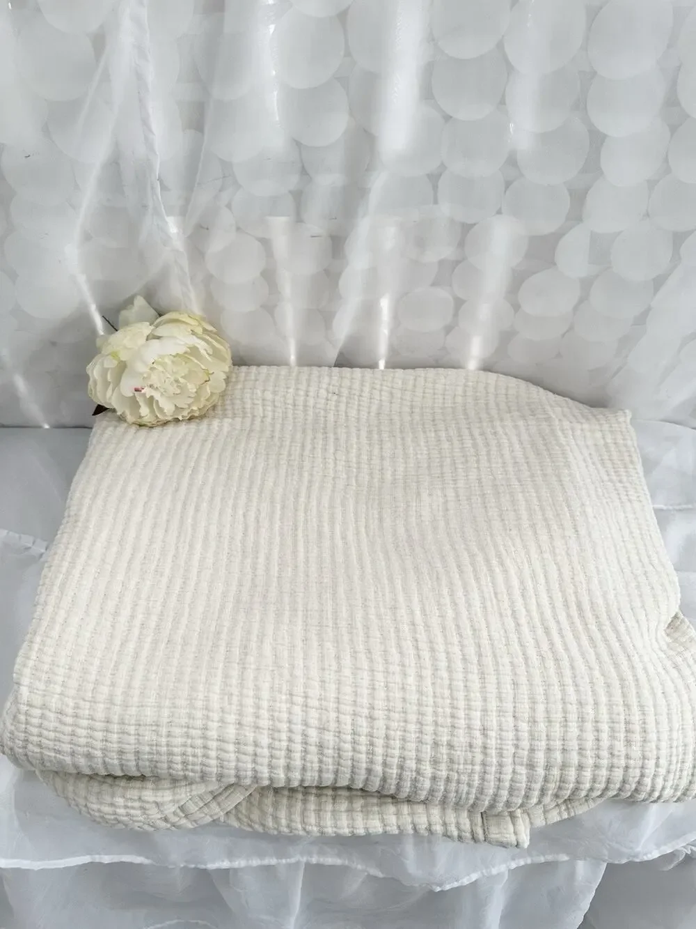 West Elm KING LINEN Cotton Gauze Quilt Blanket Beige European Flax LUXURIOUS